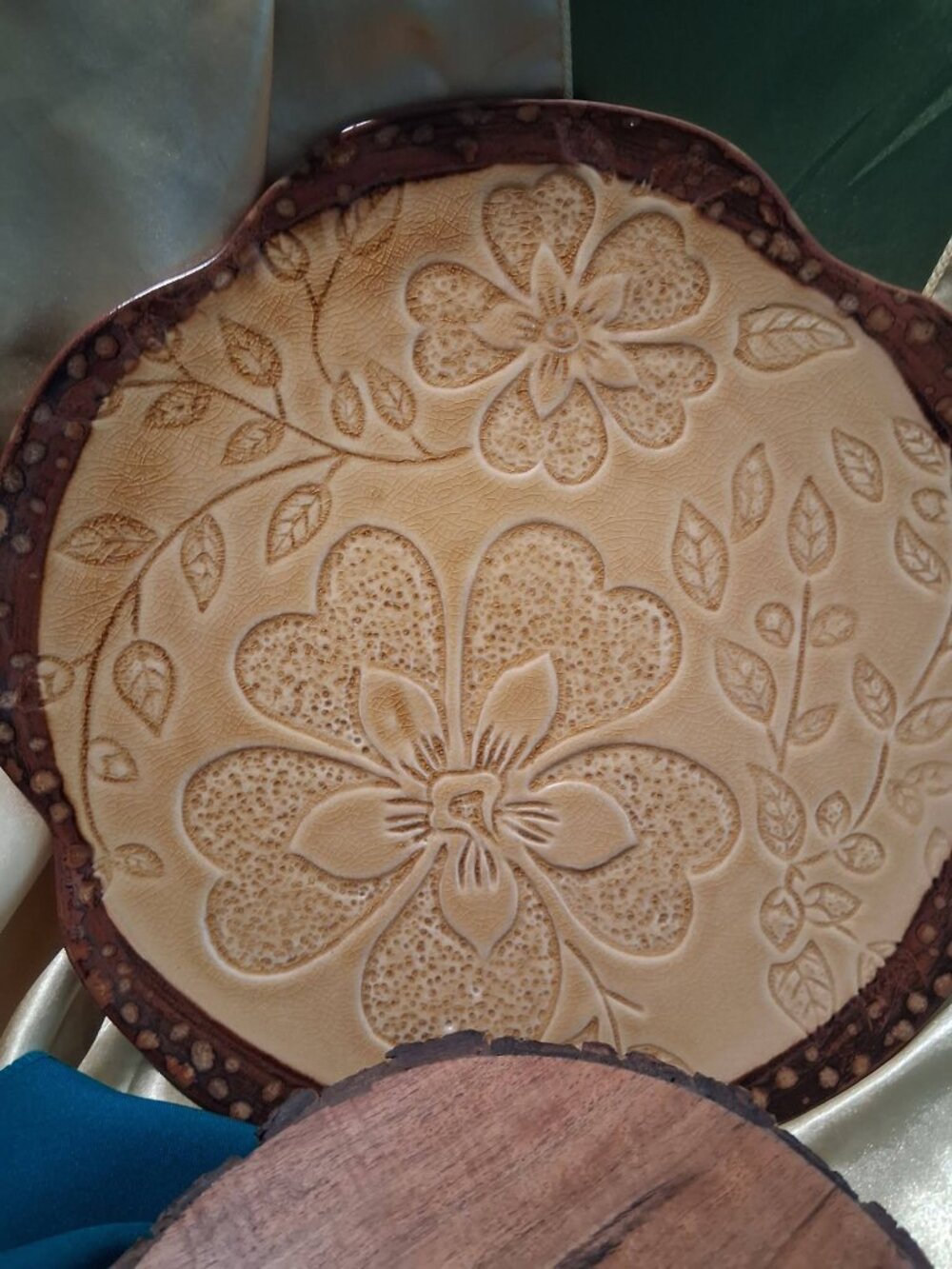 Vintage Artisanal Ceramic Decorative Plate Floral Carved Scalloped Rim 12"